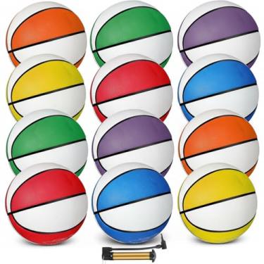 Imagem de Wettarn 12 peças de mini bolas de basquete para crianças – Tamanho 3 de borracha colorida a granel com bomba para mini aro, jogo de treino interno e externo, festa de feriado, 18 cm (branco e colorido