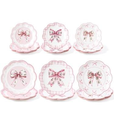 Imagem de R HORSE Pacote com 60 pratos de papel com laço rosa de inverno – pratos descartáveis de árvore de Natal de 23 cm e 18 cm, pratos florais para servir alimentos, utensílios de mesa decorativos de jantar