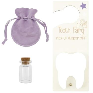 Imagem de ZJRDYYK Suporte de dente de fada dos dentes, cabide de porta de fada dos dentes com garrafa de lembrança e bolsa de veludo para decoração de quarto de crianças, presente de incentivo (roxo)