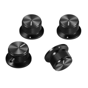 Imagem de SALYMECONY 4 maçanetas de potenciômetro de alumínio universais, botões de controle de sino com parafuso de ajuste para guitarra/baixo/AMPS/pré-amplificadores, preto com indicador (preto)