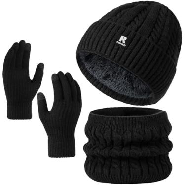 Imagem de Conjunto de luvas de gorro de inverno para homens e mulheres, roupas de inverno masculinas despojadas, aquecedores de pescoço, luvas com tela sensível ao toque, Preto, One Size