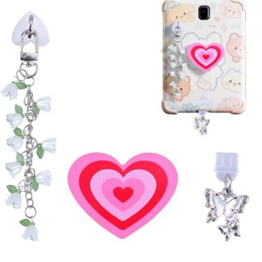 Imagem de Lindo conjunto de acessórios Kindle: pingente de plugue de poeira tipo C + suporte de coração rosa + gancho de chaveiro de flor - compatível com Kindle Paperwhite 11ª/12ª geração, decoração elegante e