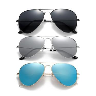 Imagem de (Pacote com 3) Óculos de sol aviador para mulheres e homens, armação piloto leve, Preto/preto + prata/prata + ouro/azul gelo