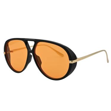 Imagem de Óculos de sol femininos grandes aviador retrô moderno óculos de sol lentes laranja grandes óculos de sol vintage, Armação preta, lente dourada/laranja, 62MM
