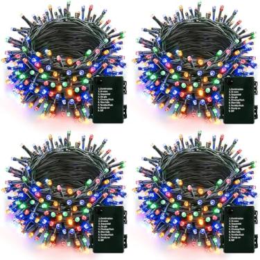 Imagem de Pacote com 4 luzes de Natal de 400 LEDs operadas por bateria interna/externa com temporizador e 8 modos de luzes de árvore de Natal de fio verde à prova d'água para decoração de jardim e Natal