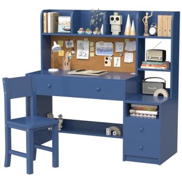Imagem de RUPOLX Wooden Blue Kids Study Desk and Chair Set, 4 Drawers and Storage Cabinets, Children Desk with Hutch and Shelves, Girls Study Desk for Kids Bedroom