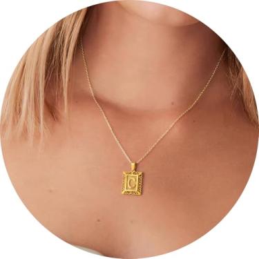 Imagem de Colar com letra inicial para mulheres, aço inoxidável banhado a ouro 18K, pingente retangular A–Z, corrente de 50,8 cm, 20in, Aço inoxidável, Sem Pedra Preciosa