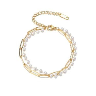 Imagem de WASAIE Pulseiras de corrente de elos de pérola de aço inoxidável banhadas a ouro para mulheres, conjunto de pulseiras delicadas com miçangas e clipe de papel em camadas, joias minúsculas para mulheres