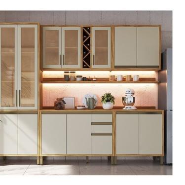 Imagem de Cozinha Modulada Completa 5 Peças 13 Portas Com Vidro E Tampo 100% Mdf Barbados Espresso Móveis Amêndoa-off White