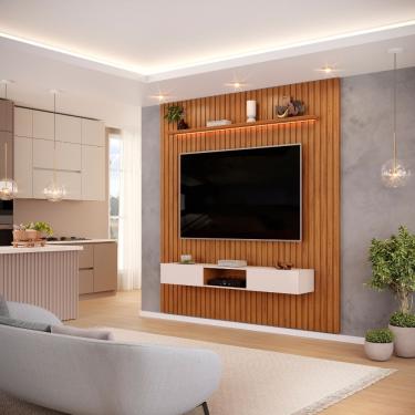 Imagem de Painel Para Tv Até 65 Polegadas 2,23m Ripado Autêntico Com Led E Nicho Montreal Madeirado/off White