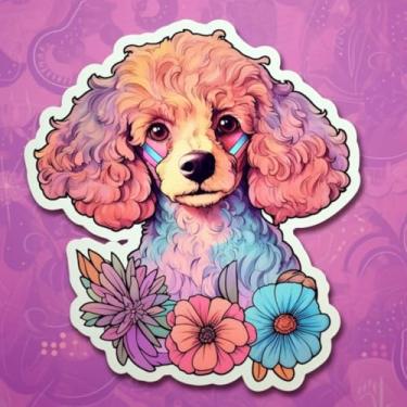 Imagem de Adesivo de Animais Kawaii para Quarto e Cadernos - Poodle com Flores Para Crianças 50x50cm