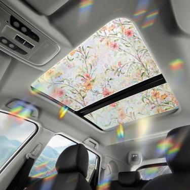 Imagem de XhuangTech Película de teto solar floral efeito arco-íris adesivo estático janela privacidade película proteção solar decalques vitrais para carro telhado lunar e casa, 17,72 x 35,43 polegadas (F815