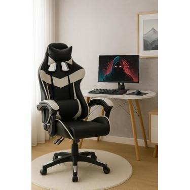 Imagem de Cadeira Gamer Ergonômica Decore Shop, Design Esportivo, Reclinável com Ajuste de Altura, Preta e Branca, Apoio Lombar e Cervical para Escritório e Games