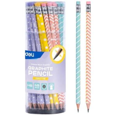 Imagem de Lápis Preto Redondo, Deli, Decorado, HB, Listras e Bolinhas, com Borracha, Pote com 48