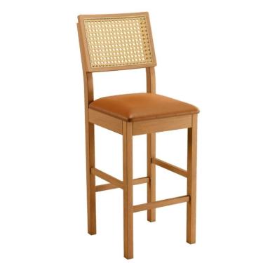 Imagem de Banqueta Jade 03 Madeira Maciça Jcm Encosto Rattan E Couro Caramelo