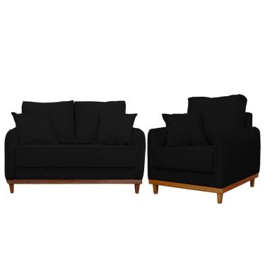 Imagem de Kit Poltrona E Sofa Sena 2 Lugar Base De Madeira Para Sala Hotel Linho Preto