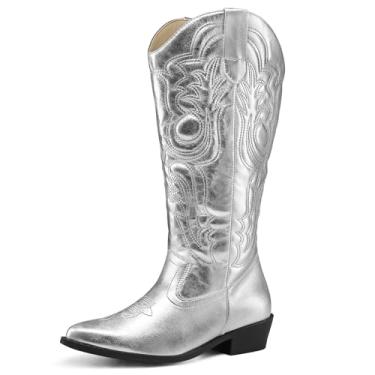 Imagem de mysoft Botas femininas caubói de panturrilha larga, bordadas, cano médio, bico fino, salto grosso, botas ocidentais, Prata, 9 Wide