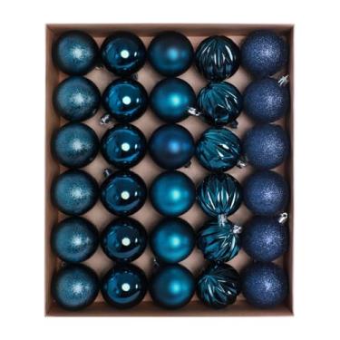 Imagem de HipTree Conjunto de enfeites de árvore de Natal de 30 quilates - enfeite de bola decorativa azul inquebrável de 6 cm a granel, decoração de mesa de árvore de Natal para outono, Halloween, festa