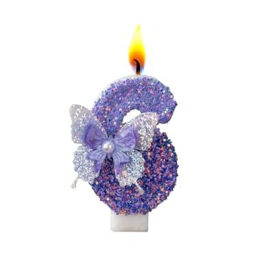 Imagem de Velas com números de aniversário, borboleta roxa para bolo, topo de bolo com glitter com lantejoulas para artigos de festa de casamento (número 6)