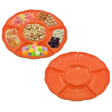 Imagem de CAOXIAOXUYAO Bandejas redondas de plástico de 30,5 cm com 2 unidades, 6 pratos secionais para servir pratos de comida para doces, nozes, vegetais, frutas, ação de graças (2, laranja)