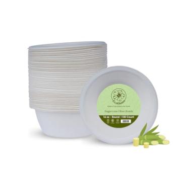 Imagem de Pacote com 100 tigelas de papel compostáveis de 473 ml – Tigelas descartáveis de fibra de cana de açúcar (bagaço) | Tigelas biodegradáveis ecológicas para sopa, salada e sobremesa para festas