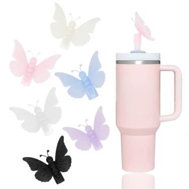 Imagem de YAYAYOUNG 6 peças de tampas de palha de borboleta 3D com glitter compatíveis com copos Stanley de 30 e 1,134 g, tampas de silicone reutilizáveis e fofas para copos Stanley de 10 mm Acessórios de