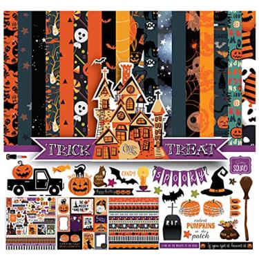 Imagem de Inkdotpot Kit de papel para scrapbook dupla face da coleção temática de Halloween, cartolina, 30,5 x 30,5 cm, pacote de papel para fazer cartões com folha de adesivo - 16 páginas - laranja e preto