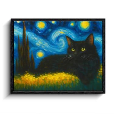 Imagem de Impressão artística texturizada de gato preto emoldurado, arte de parede de gato preto engraçado, arte estilo Van Gogh, gato preto sob noite estrelada, arte de parede eclética, pôsteres para quarto