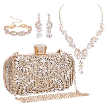 Imagem de ORIGACH Conjunto de 4 peças de joias de strass para casamento, noiva, elegante, bolsa clutch de cristal para noite com colar, brincos pendurados, acessórios de pulseira para mulheres