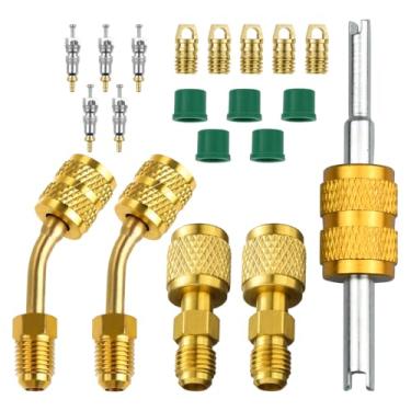 Imagem de Sandfren 20 peças/conjunto R410A kit adaptador, mini adaptador dividido de latão para veículo 5/16 a 1/4 SAE macho flare, acessórios de remoção de núcleo de válvula de refrigerante automático