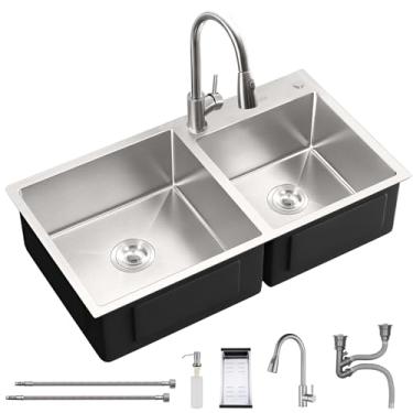 Imagem de Cuba Inox Cozinha 304 com Acessórios, Kit Pia Dupla de Cozinha Quadrada com Torneira 78x43cm, Cuba de Inox Gourmet Luxo