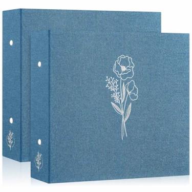 Imagem de Lanpn Álbum de fotos de scrapbook, 30 x 30, 2 pacotes, capa de linho, sem ácido, carga superior, 3 pastas de fichário, livro de fotos, 30 x 30 com 30 capas de plástico, 60 páginas, azul