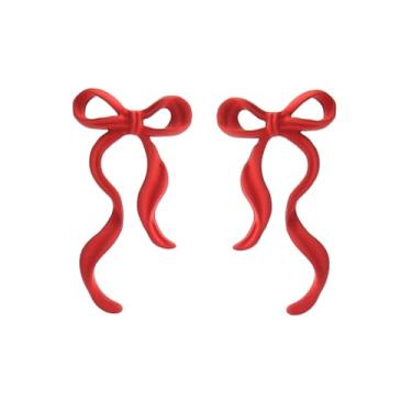 Imagem de Met-edianger Brincos de Natal, brincos de laço vermelho, brincos de Natal, brincos com pingente de laço, brincos de festival de férias para mulheres