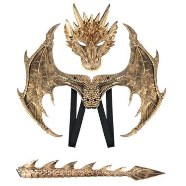Imagem de Alodidae Conjunto de fantasias de dragão asas de demônio cauda de demônio máscara de dinossauro para baile de máscaras de Halloween cosplay (ouro)