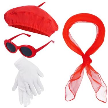 Imagem de Conjunto de 4 chapéus de boina francesa, incluindo boina, cachecol, luvas, óculos de sol para mulheres, Vermelho, Standard