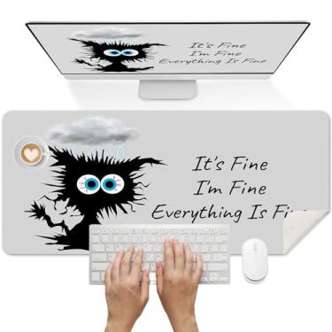 Imagem de Britimes Tapete de mesa de gato fofo e engraçado cinza Deak Pad antiderrapante de couro PU grande teclado mouse pad acessórios de escritório para escritório, trabalho, decoração de casa (70 x 40 cm)