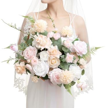 Imagem de Ling's moment Buquê de noiva rosa blush em cascata, buquês de casamento de coral para noiva, buquê de flores artificiais de 38 cm de forma livre