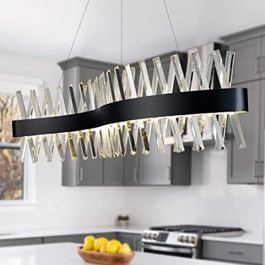 Imagem de Luminária pendente moderna de cristal LED para ilha de cozinha, 100 cm, preta, para salas de jantar, lustre de aço inoxidável, luminária pendente grande para sala de estar, dimerizável de 30