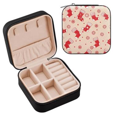 Imagem de Wassud Lindo estojo de joias de viagem com padrão de Natal para mulheres, meninas, senhoras, noiva, mini organizador de joias, de couro PU, caixa quadrada de armazenamento de joias para brincos, anéis