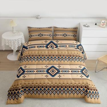Imagem de jejeloiu Conjunto de edredom geométrico boêmio, tamanho Queen, asteca, tribal, ocidental, étnico, indiano, boêmio, para crianças, bege, 3 peças com 2 fronhas