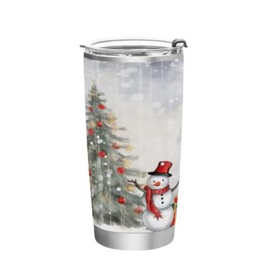 Imagem de Wassud Copo de árvore de Natal com boneco de neve com tampa e canudo de aço inoxidável de parede dupla copo isolado copo de viagem caneca de café para bebidas frias e quentes 590 ml