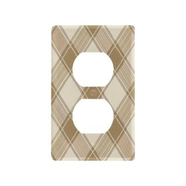 Imagem de Wassud Placa de cobertura de interruptor de luz, capas de tomada decorativas, placa de parede para tomadas elétricas, marrom claro, padrão xadrez duplex 11,5 x 7,6 cm