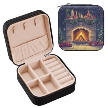 Imagem de Wassud Estojo de joias de viagem para lareira de Natal para mulheres, meninas, senhoras, noiva, mini organizador de joias de couro PU, caixa quadrada de armazenamento de joias para brincos, anéis