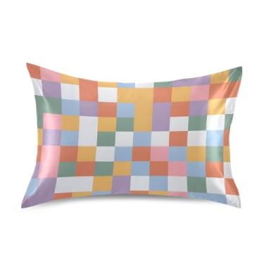 Imagem de Fronha de almofada de seda para pele e cabelo extra macia, resistente a rugas e desbotamento com fecho de envelope (tamanho padrão, 76 x 50 cm) | Tabuleiro de xadrez arco-íris