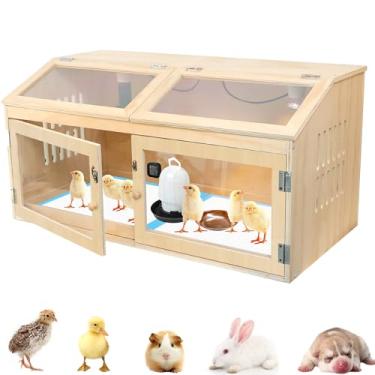 Imagem de Caixa de chocadeira de galinha para pintinhos com gaveta deslizante, grande caixa de chocadeira de madeira para pintinhos de 81 cm de largura com lâmpada de aquecimento e termômetro, parte superior