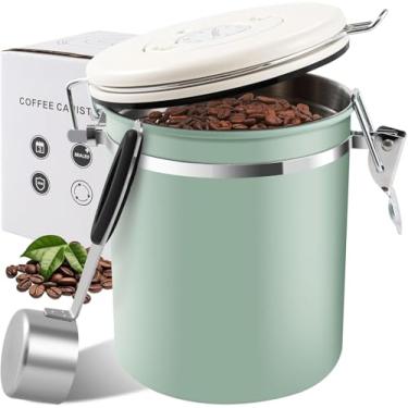 Imagem de PoDhey Recipiente de café 1,5 L duplo hermético em grãos de café com registro de data Lata de café de aço inoxidável 304 com colher para grãos de café moídos chá açúcar 14,7 x 13 cm A