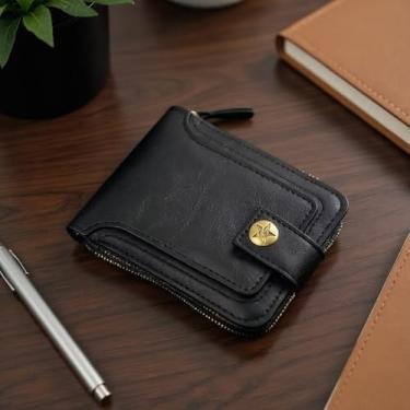 Imagem de Carteira masculina compacta, fina com bolso para moedas com zíper, carteira pequena minimalista para uso diário e presentes, Preto, Retrô