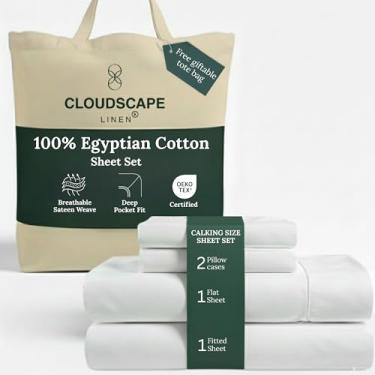 Imagem de Jogo de lençol Cloud Scape Linen de algodão egípcio de camada dupla California King – Tecido de cetim de fibra longa, conjunto de cama macio de qualidade hoteleira de 4 peças, bolsos profundos de até