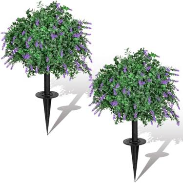 Imagem de Árvores de topiária de lavanda artificial de 45,7 cm com espigão de solo, conjunto de 2 arbustos artificiais resistentes a UV, planta de buxo perene falsa para decoração ao ar livre, interior, jardim
