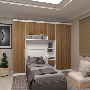 Imagem de Quarto De Solteiro Com Guarda Roupas E Mesa De Cabeceira Alpes Luciane Móveis Branco Pf Com Avelã Pf